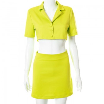 Short Sleeve Crop Top Zipper A-Line Skirt Set Yellow Black